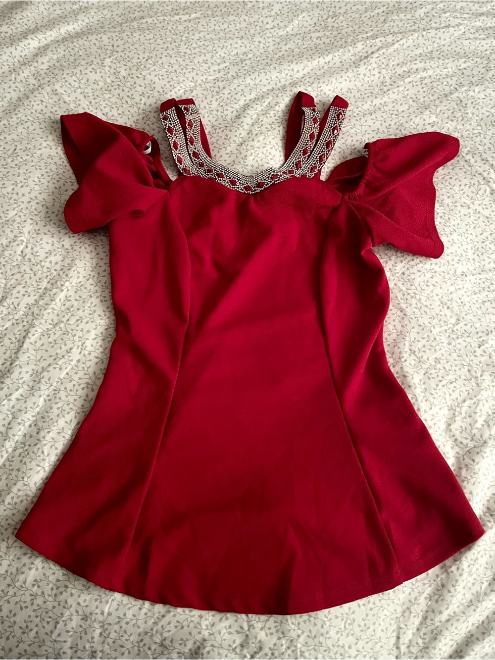 Papaya Red Cold-Shoulder Embellished Neckline Tunic Top